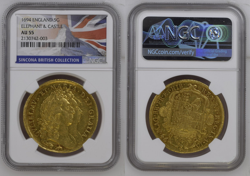 1694年 イギリス ウィリアム3世&メアリー2世 "elephant and castle" 5ギニー金貨 NGC AU55 (2130742-003), S...