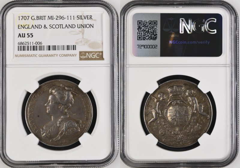 1707年 イングランド&スコットランド アン女王 ユニオン記念銀メダル NGC AU55 (6862511-006), MI-296-111, Eimer-4...