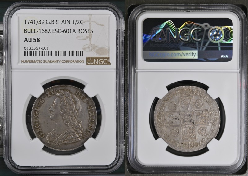 1741年 イギリス ジョージ2世 ハーフクラウン銀貨 NGC AU58 (6133357-001), ESC601A, KM# 574, Sp# 3692, ...