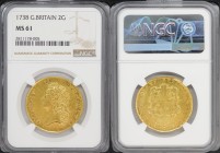 1738年 イギリス ジョージ2世 2ギニー金貨 NGC MS61 (2811178-005) , 	KM# 576, Sp# 3667, Gold 91.67%, 16.80g, 32.0mm, , 表にはジョージ2世の肖像、裏面には紋章を描いた盾が描かれています。1727～1760年在位のジョー...