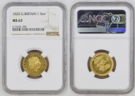 1820年 イギリス ジョージ3世 ソヴリン金貨 NGC MS63 (6134381-002), KM# 674, Sp# 3785, Gold 91.67%, 7.99g, 22.0mm, 

表には月桂冠をかぶったジョージ3世。裏側はピストルッチの名作「セントジョージの竜退治」のデザインが採用さ...