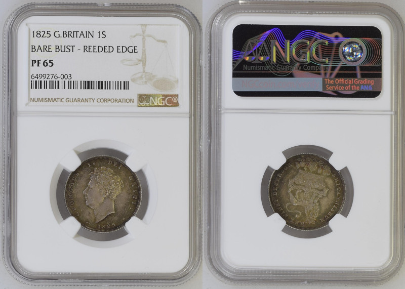 1825年 イギリス ジョージ4世 1シリング銀貨 NGC PF65 (6499276-003), KM# 694, Sp# 3812, Silver 92.5...