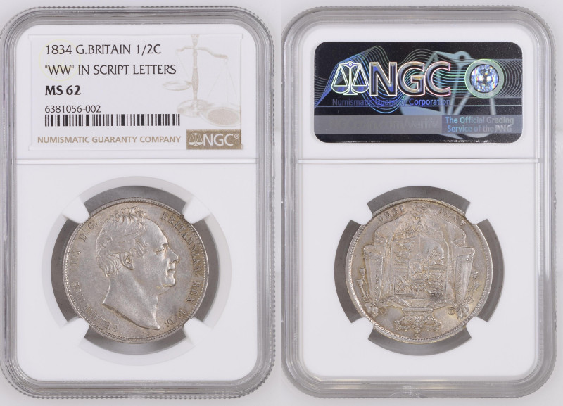 1834年 イギリス ハーフクラウン銀貨 ”ww” スクリプトレター NGC MS62 (6381056-002), KM#714.2, Sp#3834, Si...