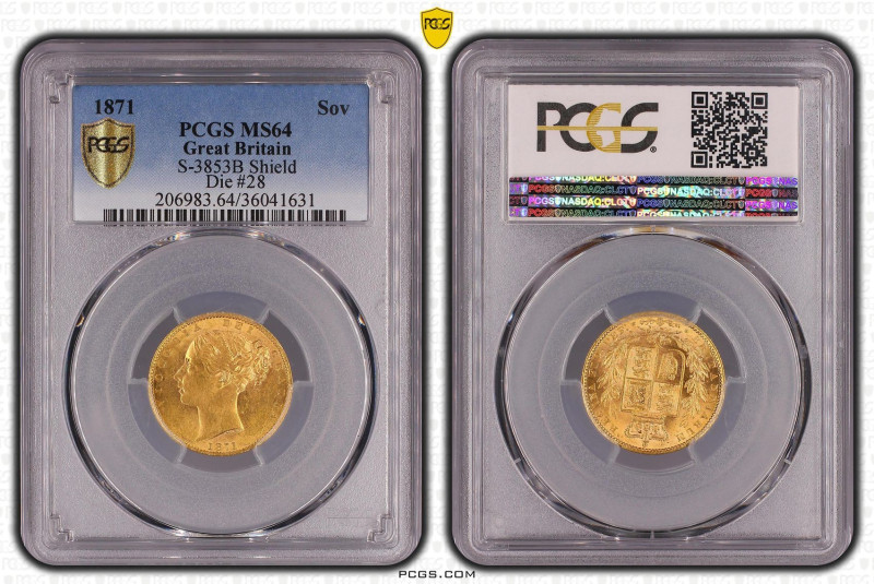 1871年 イギリス ヤングヴィクトリア ソヴリン金貨 シールド ダイナンバー#28 PCGS MS64 (36041631), KM#736, Sp#3852...