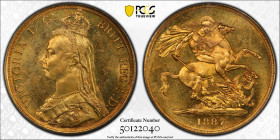 1887年 イギリス ヴィクトリア 2ポンド金貨 PCGS MS64 (50122040), KM# 768, Sp# 3865, Gold 91.6%, 15.98g, 28.4mm, 

ジュビリーヘッドのヴィクトリア女王がデザインされた2ポンド金貨。特にヴィクトリア女王の目の状態は良く残ってお...