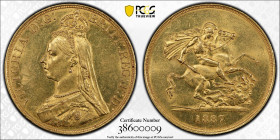 1887年 イギリス ヴィクトリア女王 ジュビリーヘッド 5ポンド金貨 PCGS AU58 (38600009), KM# 11, Fr# 17, Gold 91.6%, 39.94g, 37.0mm,

1887年にヴィクトリア女王在位50年を記念して発行されたこの5ソヴリン（ポンド）金貨。ヴ...