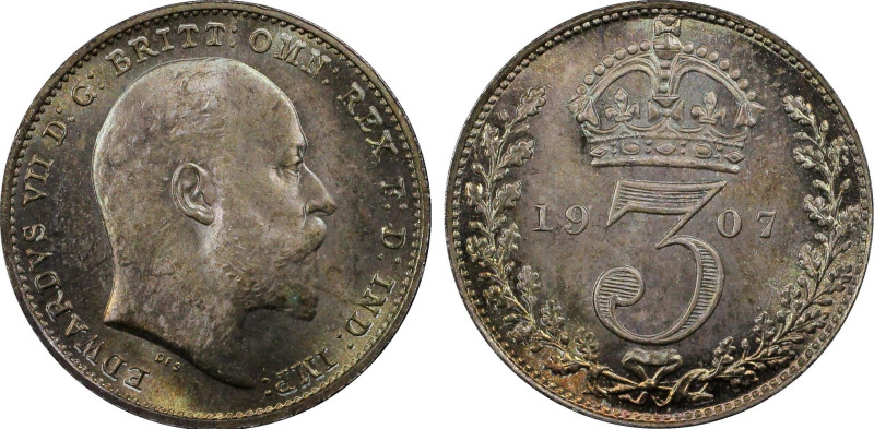 1907年 イギリス エドワード7世 マウンディセット 3ペンス 銀貨 Proof Like 67(26638315), KM# 797, Sp# 3984, ...