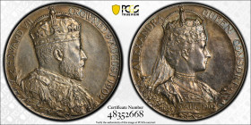 1902年 イギリス エドワード7世 & アレクサンドラ 戴冠記念銀メダル PCGS SP62 (48352668), BHM# 3737, Eimer# 1871, W&E# 4100A3, Silver 92.5%, 86.00g, 56.0mm, 

1902年に発行されたエドワード7世とアレ...