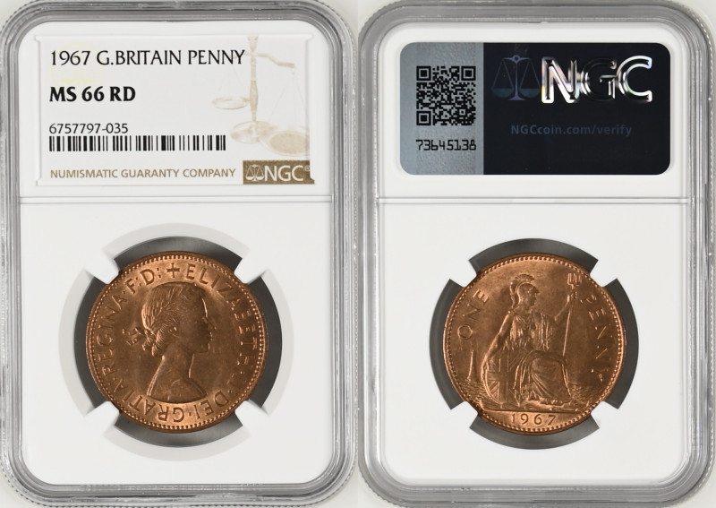 1967年 イギリス エリザベス2世 ペニー銅貨 NGC MS 66RD (6757797-035), KM# 896, Sp# 4158, Bronze, 5...
