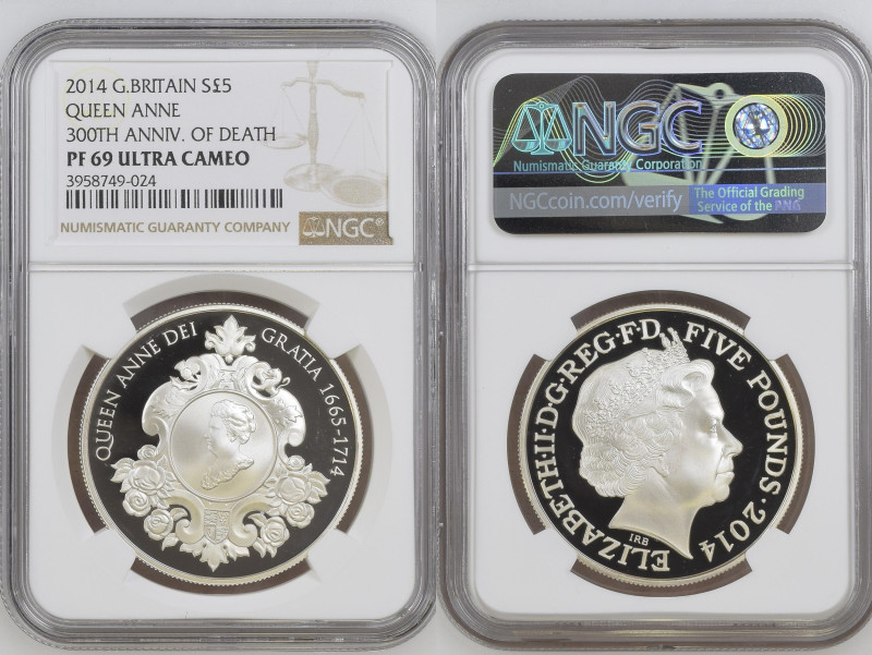 2014年 イギリス アン女王 没後300年記念 5ポンド銀貨 NGC PF69 Ultra Cameo (3958749-024), KM# 1286a, S...