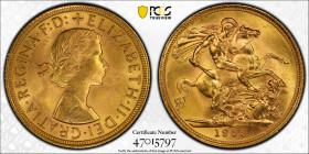 1958年 イギリス エリザベス2世 1stポートレート ソヴリン金貨 PCGS MS64 (47015797), Sp#GE32, KM# 908, Sp# 4124, Sp# 4125, Gold 91.6%, 7.99g, 22.0mm, 

Mary Gillickによるエリザベス女王の肖像...