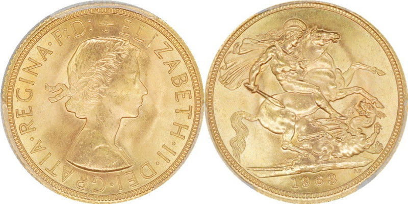 1963年 イギリス ヤングエリザベス ソヴリン金貨 PCGS MS65  (45685511), KM#908, Sp#4124, Sp#4125, Gold...