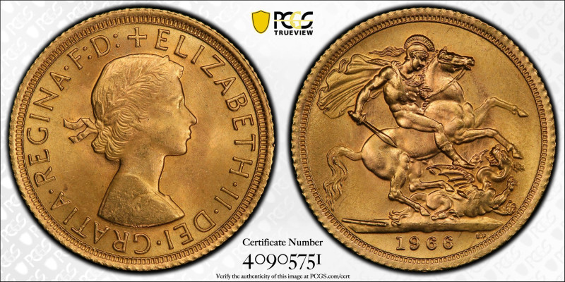 1966年 イギリス ヤングエリザベス ソヴリン金貨 PCGS MS65 (40905751), KM#908, Sp#4124, Sp#4125, Gold ...