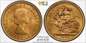 1966年 イギリス ヤングエリザベス ソヴリン金貨 PCGS MS65 (40905751), KM#908, Sp#4124, Sp#4125, Gold 91.67%, 7.99g, 22.0mm,

Mary Gillick（メアリー・ギリック）によるエリザベス女王の最初の肖像が美しいソヴリ...