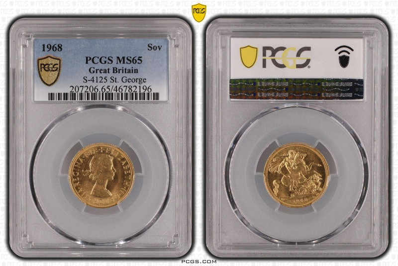 1968年 イギリス エリザベス2世 1stポートレート ソヴリン金貨 PCGS MS65 (46782196), KM# 908, Sp# 4124, Sp#...