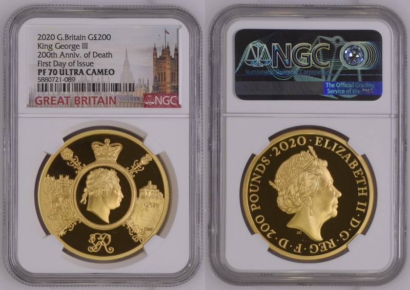 2020年 イギリス ジョージ3世没後200年記念 2オンス 200ポンド金貨 First Day Of Issue NGC PF70 Ultra Cameo ...