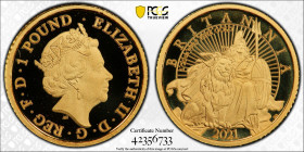 2021年 イギリス ブリタニア 1ポンド金貨 PCGS PR69 Deep Cameo (42356733), Sp#BGB9, Gold 99.9%, 1.58g, 12.0mm, 

トライデントとユニオンジャックの盾を携え、ライオンを従えたブリタニアです。その座した姿から「シーテッドウィズラ...