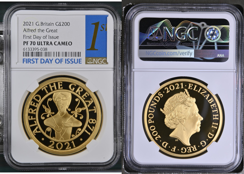 2021年 イギリス アルフレッド大王 200ポンド 2オンス金貨 NGC PF70 Ultra Cameo (613395-038), 	Sp# OC4, 9...