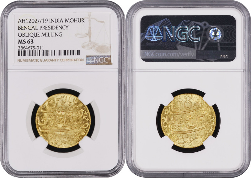 AH1202//19 (1807年) インド モハール金貨 ベンガル 斜めエッジ NGC MS63 (2864675-011), KM#114, Gold, 1...