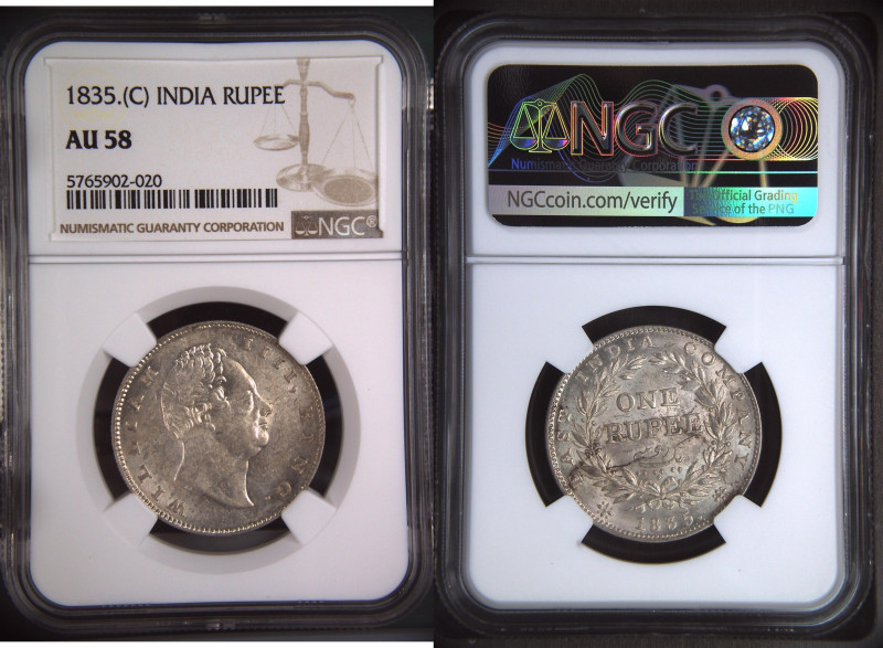 1835年 イギリス領インド ウィリアム4世 1ルピー銀貨 カルカッタミント NGC AU58 (5765902-020), KM# 450, Silver 9...