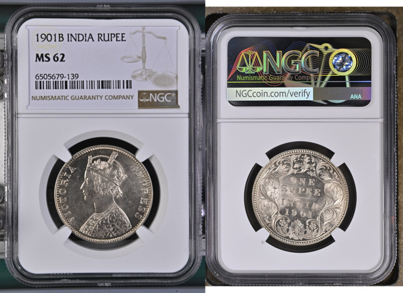 1901年 イギリス領インド ヴィクトリア女王 1ルピー銀貨 ボンベイミントNGC MS62 (6505679-139), KM#492, 91.7%, 11....