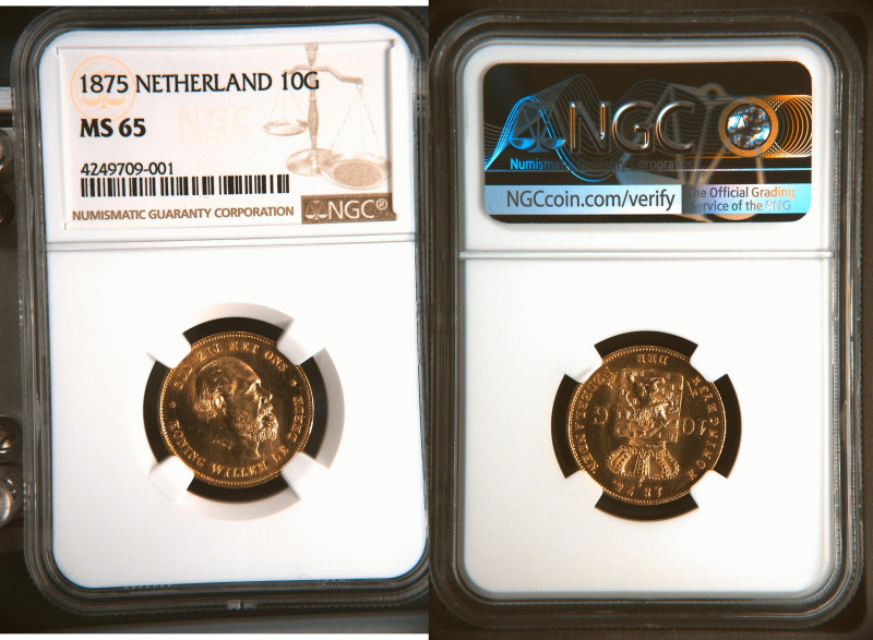 1875年 オランダ ウィレム3世 10グルデン金貨 NGC MS65 (4249709-001), KM# 105, Delmonte G# 1212, Go...