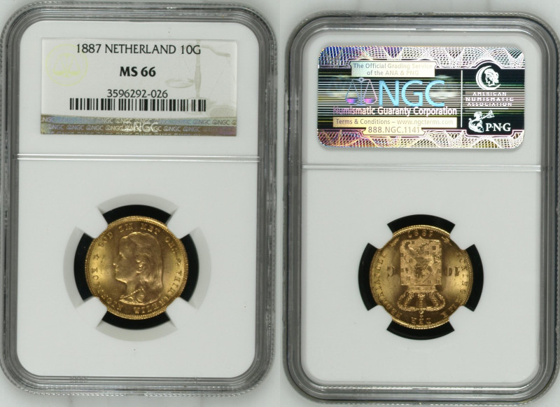 1897年（ラベル誤記） オランダ ヴィルヘルミナ 10グルデン金貨 NGC MS66 (3596292-026), KM# 118, Fr# 347, Del...