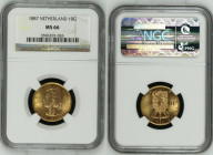 1897年（ラベル誤記） オランダ ヴィルヘルミナ 10グルデン金貨 NGC MS66 (3596292-026), KM# 118, Fr# 347, Delmonte G# 1232, Gold 90.0%, 6.72g, 22.5mm, 

ウィルヘルミナはウィレム3世の後を継いだオランダ女王...