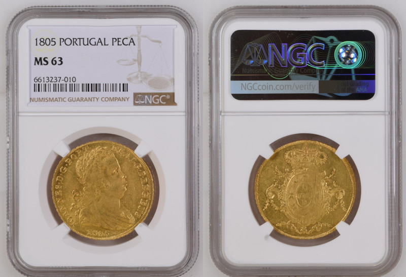 1805年 ポルトガル ジョアン6世 1ペサ（6400レイス）金貨 NGC MS63 (6613237-010), KM#236.1; Bentes#311.0...