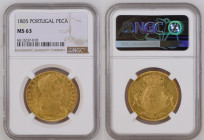 1805年 ポルトガル ジョアン6世 1ペサ（6400レイス）金貨 NGC MS63 (6613237-010), KM#236.1; Bentes#311.01, Gold 91.7%, 14.34g, 31.5mm, 

ジョアン6世は、ナポレオンがヨーロッパを席巻していた時代のポルトガル王です...