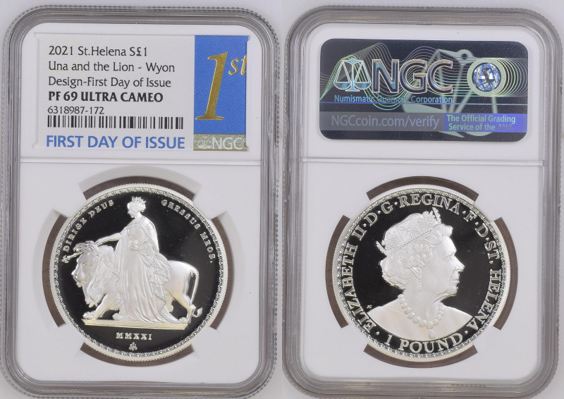 2021年 イギリス セントヘレナ ウナとライオン 1オンス銀貨 First Day of Issue NGC PF69 Ultra Cameo (631898...