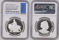 2021年 イギリス セントヘレナ ウナとライオン 1オンス銀貨 First Day of Issue NGC PF69 Ultra Cameo (6318987‐153), Silver 99.9%, 31.10g, 38.6mm, 

ウィリアム・ワイオン作のウナとライオンデザインを、セントヘレ...
