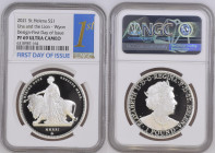 2021年 イギリス セントヘレナ ウナとライオン 1オンス銀貨 First Day of Issue NGC PF69 Ultra Cameo (6318987‐164), Silver 99.9%, 31.10g, 38.6mm, 

ウィリアム・ワイオン作のウナとライオンデザインを、セントヘレ...