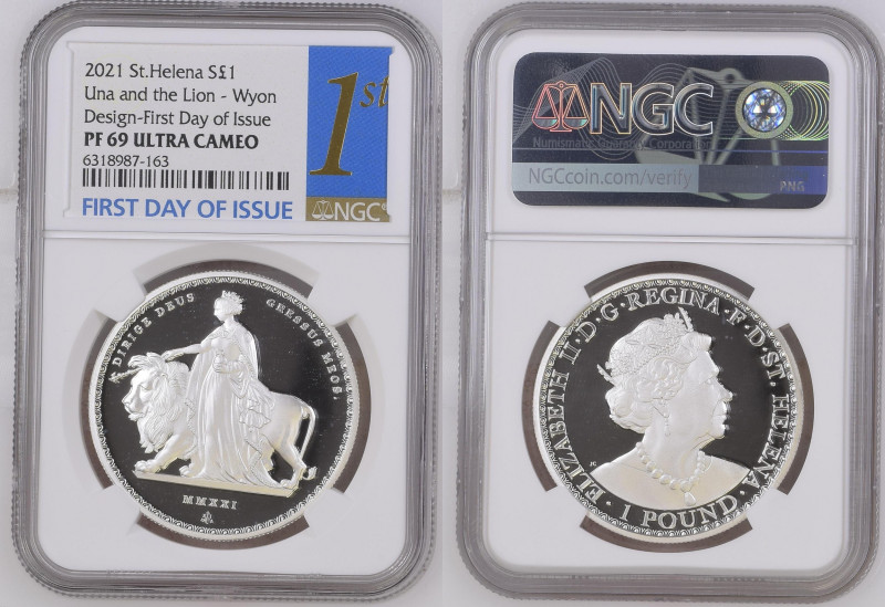 2021年 イギリス セントヘレナ ウナとライオン 1オンス銀貨 First Day of Issue NGC PF69 Ultra Cameo (631898...