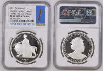 2021年 イギリス セントヘレナ ウナとライオン 1オンス銀貨 First Day of Issue NGC PF69 Ultra Cameo (6318987‐207), Silver 99.9%, 31.10g, 38.6mm, 

ウィリアム・ワイオン作のウナとライオンデザインを、セントヘレ...