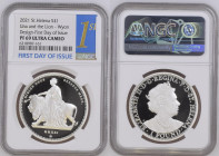 2021年 イギリス セントヘレナ ウナとライオン 1オンス銀貨 First Day of Issue NGC PF69 Ultra Cameo (6318987‐161), Silver 99.9%, 31.10g, 38.6mm, 

ウィリアム・ワイオン作のウナとライオンデザインを、セントヘレ...