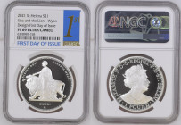 2021年 イギリス セントヘレナ ウナとライオン 1オンス銀貨 First Day of Issue NGC PF69 Ultra Cameo (6318987‐158), Silver 99.9%, 31.10g, 38.6mm, 

ウィリアム・ワイオン作のウナとライオンデザインを、セントヘレ...