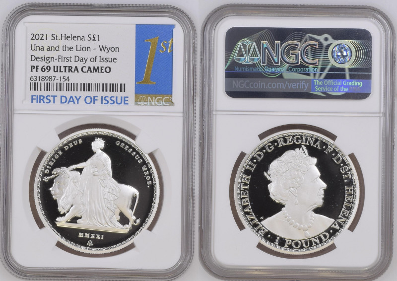 2021年 イギリス セントヘレナ ウナとライオン 1オンス銀貨 First Day of Issue NGC PF69 Ultra Cameo (631898...