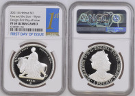 2021年 イギリス セントヘレナ ウナとライオン 1オンス銀貨 First Day of Issue NGC PF69 Ultra Cameo (6318987‐154), Silver 99.9%, 31.10g, 38.6mm, 

ウィリアム・ワイオン作のウナとライオンデザインを、セントヘレ...