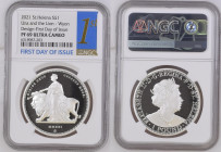 2021年 イギリス セントヘレナ ウナとライオン 1オンス銀貨 First Day of Issue NGC PF69 Ultra Cameo (6318987‐203), Silver 99.9%, 31.10g, 38.6mm, 

ウィリアム・ワイオン作のウナとライオンデザインを、セントヘレ...