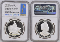 2021年 イギリス セントヘレナ ウナとライオン 1オンス銀貨 First Day of Issue NGC PF69 Ultra Cameo (6318987‐224), Silver 99.9%, 31.10g, 38.6mm,

ウィリアム・ワイオン作のウナとライオンデザインを、セントヘレナ...