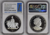 2021年 イギリス セントヘレナ ウナとライオン 2オンス銀貨 PF69 Ultra Cameo (6296675‐052), 99.9%, 62.20g, 45.0mm, 

ウィリアム・ワイオン作のウナとライオンデザインを、セントヘレナが復刻してリリースした銀貨です。2オンス銀貨のずっしりとし...