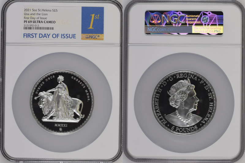 biddr - Galleria Auctions Tokyo, Online Auction 1, lot 1152. 2021年 イギリス セントヘレナ  ウナライオン ファースト 5オンス銀貨 NGC PF69Ultra Cameo (2121592‐013), 99.9%, ...