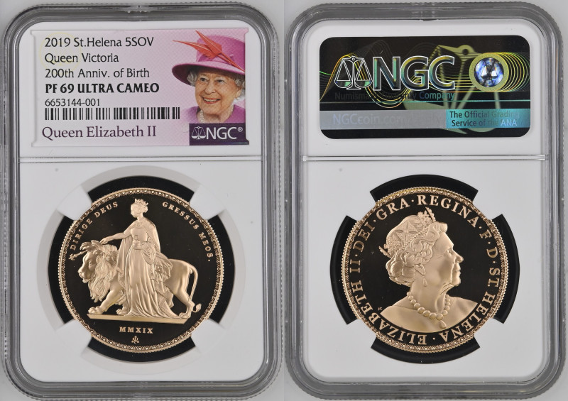 2019年 イギリス セントヘレナ ウナとライオン ヴィクトリア女王生誕200周年 5ポンド金貨 NGC PF69 Ultra Cameo (6653144-0...