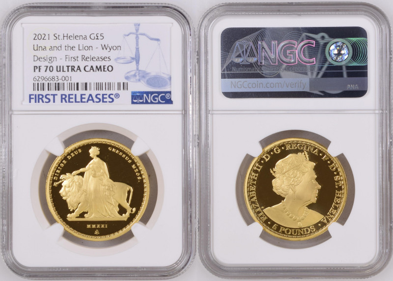 biddr - Galleria Auctions Tokyo, Online Auction 1, lot 1157. 2021年 イギリス セントヘレナ  ウナとライオン 2オンス 5ポンド金貨 First Day of Issue NGC PF70 Ultra Cameo (6...