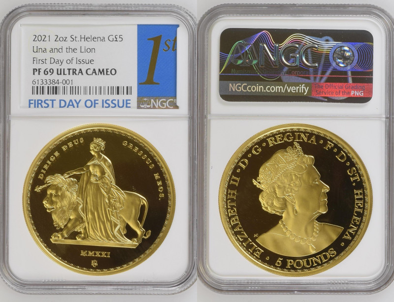 2021年 イギリス セントヘレナ ウナとライオン 2オンス 5ポンド金貨 First Day Of Issue（初日発行）ラベル NGC PF69 Ultra...