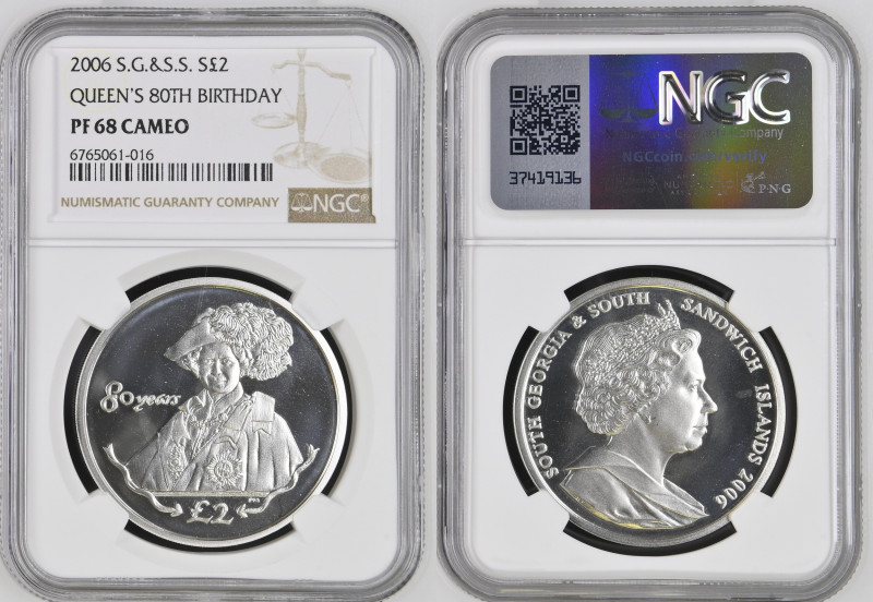 2006年 サウスジョージア エリザベス女王 80歳記念コイン 2ポンド銀貨 PF68 Cameo NGC (6765061-016), KM# 30a, 91...