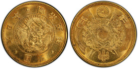 明治5年(1870) 日本 旧5円金貨 日本貨幣商協同組合鑑定書付 PCGS MS64 (48456604), Y#11, JNDA#01-3, Gold 90.0%, 8.33g, 23.8mm,

旧5円金貨は、明治5年から寸法のみ縮小されています。この旧5円は日本貨幣商協同組合からの鑑定を...