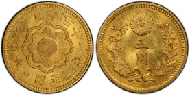 明治31年(1898) 日本 新5円金貨 日本貨幣商協同組合鑑定書付 PCGS MS64 (48456637), Y#32, JNDA#01-8, Gold 90.0%, 4.17g, 16.9mm,

明治30年に施行された新たな貨幣法によって作られた新5円金貨です。初年度は10万枚以上発行さ...