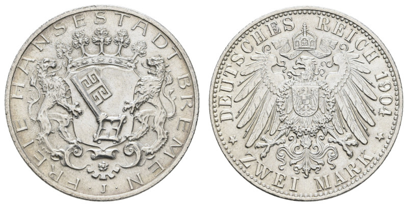 Silbermünzen des Kaiserreichs Bremen
 2 Mark, 1904, gereinigt, wz. Rf., vz-st. ...